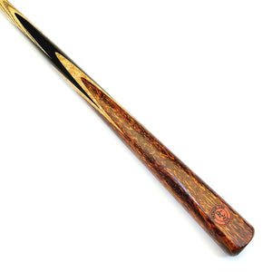 Premium Cues ICON No.020 handmade one piece pool cue with ebony butt, lava rosewood splices, and birdseye maple veneers in close-up view.