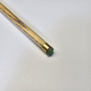 Tip close-up of Premium Cues ICON No.008 snooker cue with brass ferrule and green tip, crafted for precision shots.