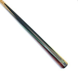 Prestige Cues Green Plate one piece snooker cue with ebony butt and green veneer detailing, showcasing left-side Cocobolo splice.