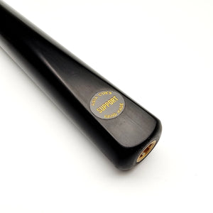 Close-up of Asia Cues Support snooker cue butt featuring gold-engraved handmade logo and threaded extension fitting for cue accessories.