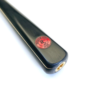 Close-up of Premium Cues ICON No.004 - One Piece Snooker Cue showcasing the red ICON logo and brass joint for authenticity and durability.