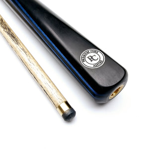 Detail of Premium Cues Aspire 57" handmade cue tip and ebony butt with blue veneers, crafted for precision in indoor billiards games.