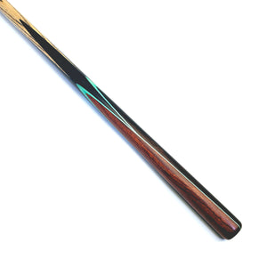 Handcrafted Prestige Cues Green Plate snooker cue featuring offset splices and mint veneers on Ebony butt for premium performance.