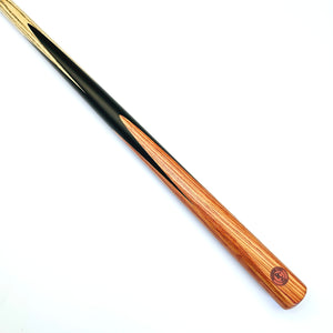 Premium Cues ICON No.003 one piece snooker cue with 9.5mm tip and 17.3oz weight, featuring a sleek black and wood grain butt design.