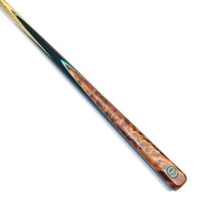 Prestige Cues Green Plate 4 one piece snooker cue with Thuya burr front splice, blue veneer, and ebony butt, showcasing premium craftsmanship.
